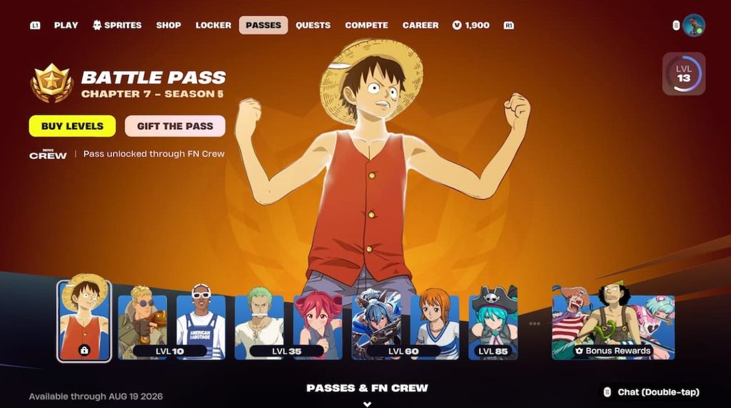 The Fortnite x One Piece Treasure Hunters battle pass. Image Credits: Epic Games